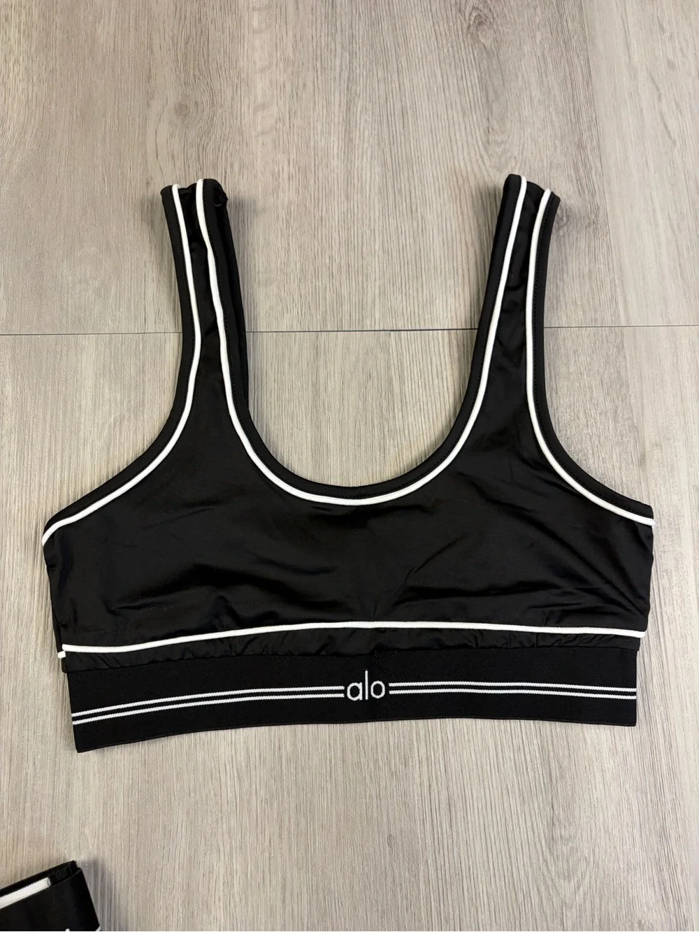 ALO Yoga Black Track Pants & Piped Sports Bra Set with White Trim